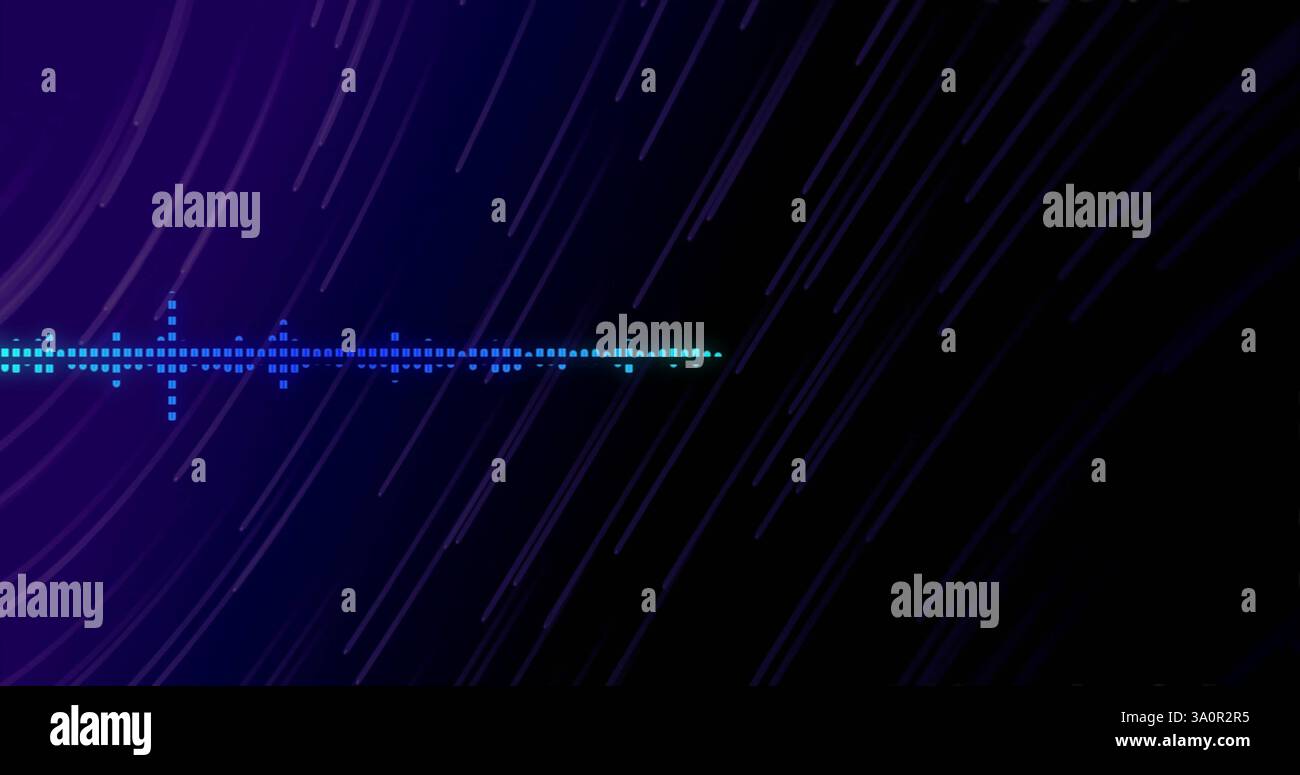 Image of digital data processing over purple light trails on black backgorund Stock Photo