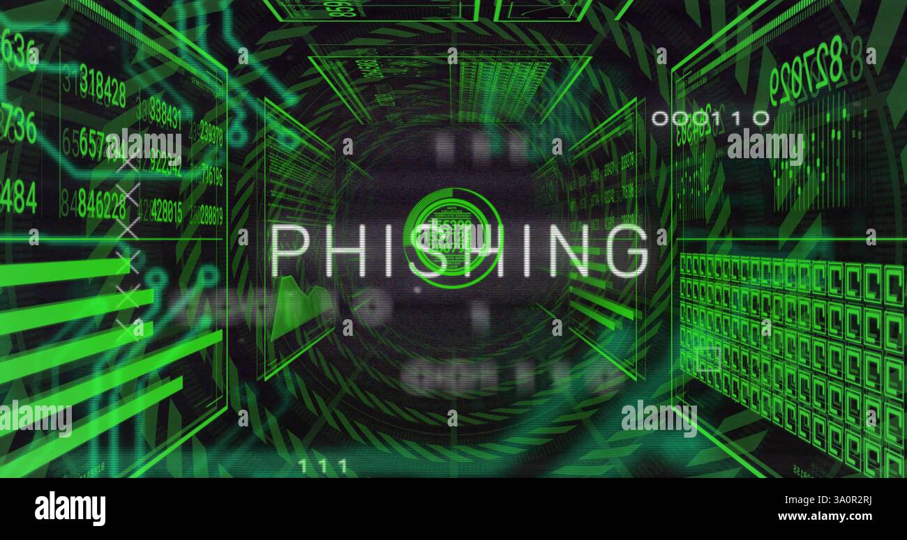Image of data processing and diagrams over phishing text Stock Photo