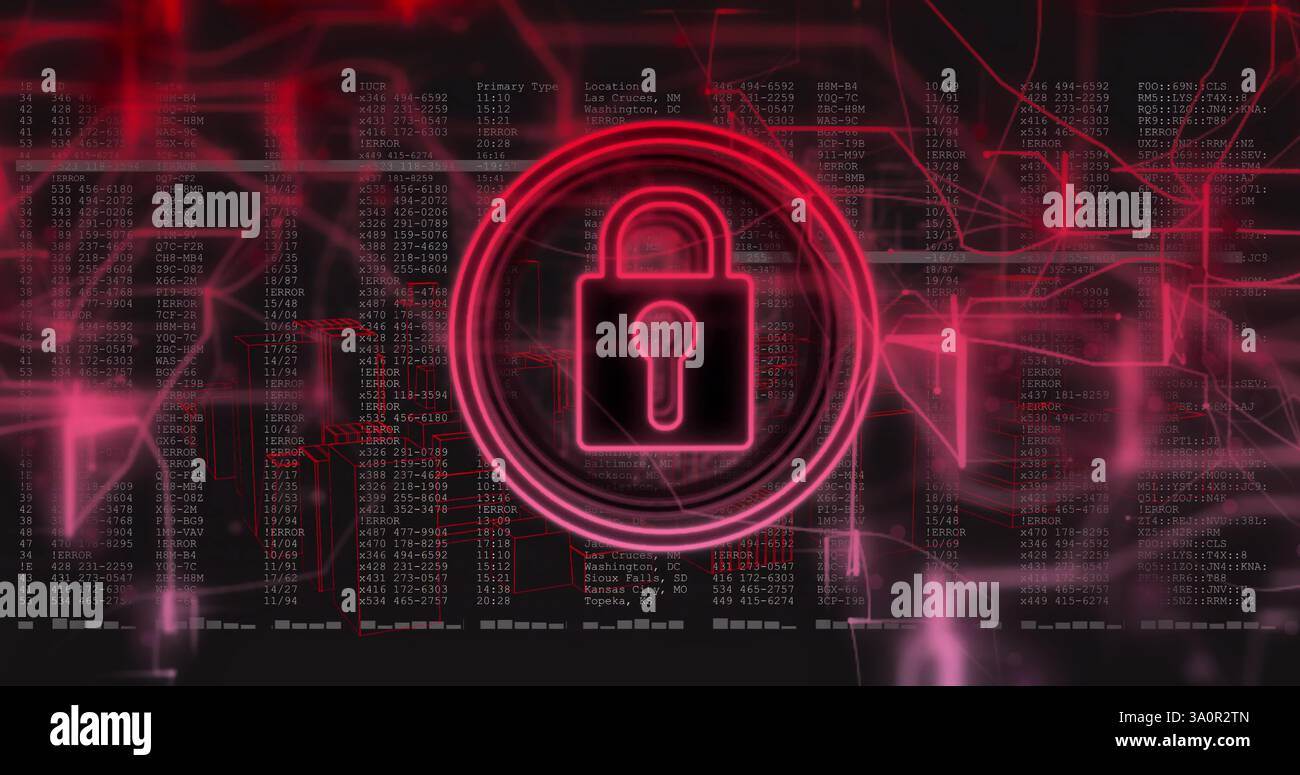Image of padlock icon over data processing on black background Stock Photo