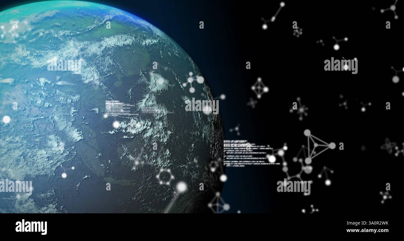 Image of data processing and moelcules over globe on black background Stock Photo