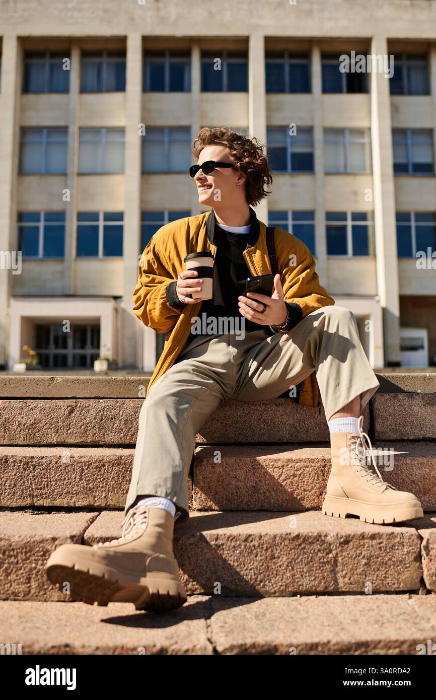 Handsome young man sits casually on stone steps, sipping coffee while using his phone in daylight. Stock Photo