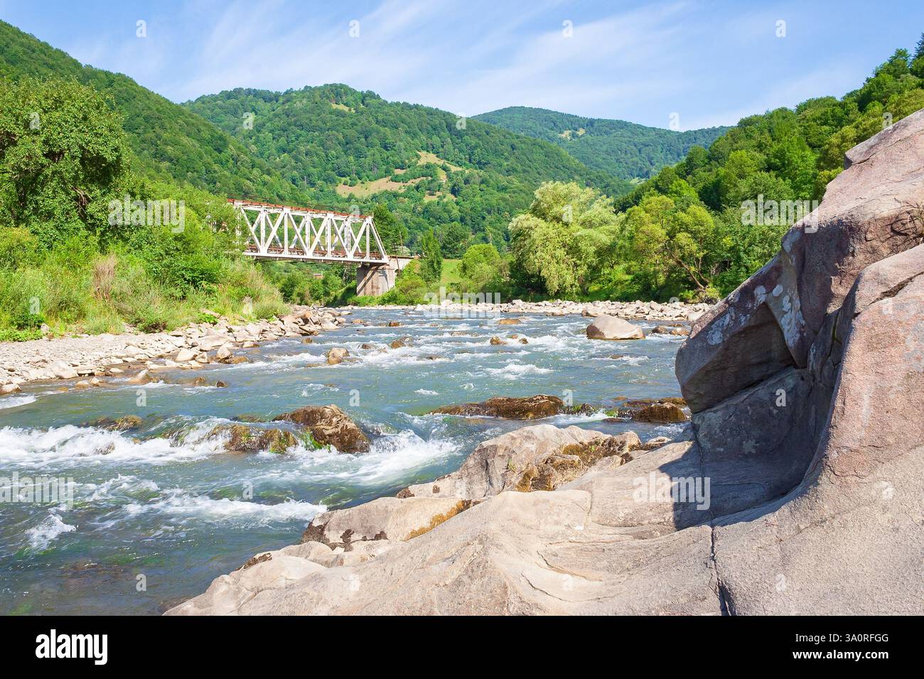 river flows through the valley in carpathian mountains. scenic view. shallow water reveals stones. beautiful landscape in summer on an sunny morning. Stock Photo