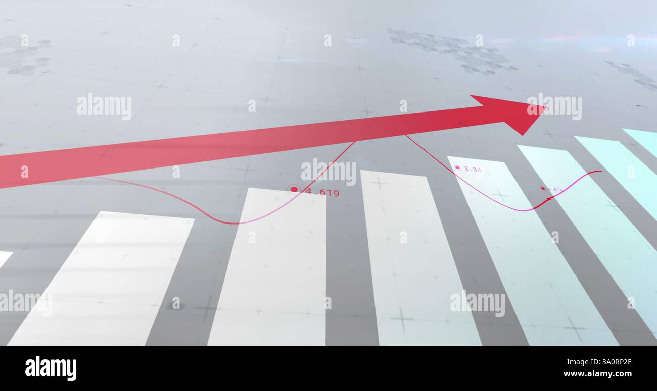 Rising red arrow and data points image over bar graph background Stock ...