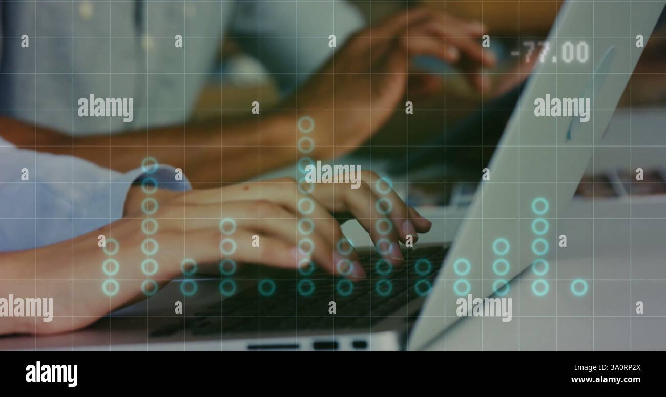 Typing on laptops, binary code and data processing image over hands Stock Photo
