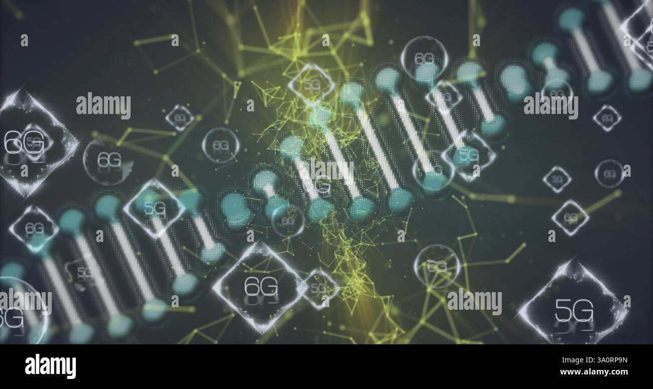 DNA strand and 5G, 6G network technology image Stock Photo