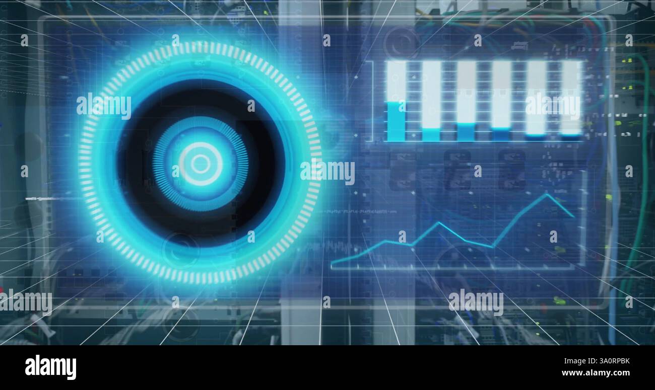 Image of blue circular scanners and charts processing data over servers Stock Photo