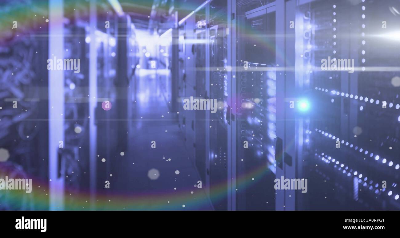 Image of light spots floating over computer servers Stock Photo