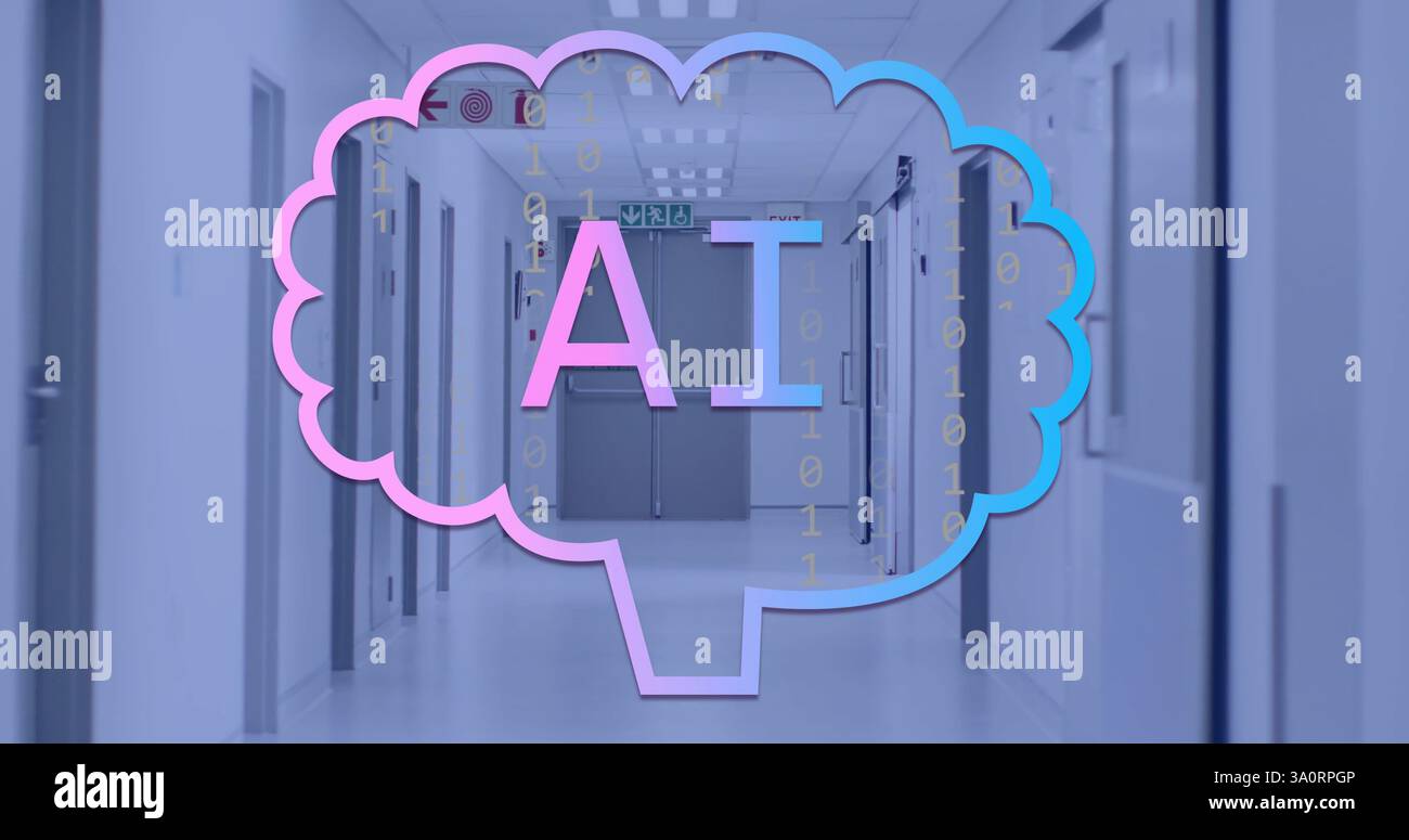 Image of binary coding and ai text over server room Stock Photo