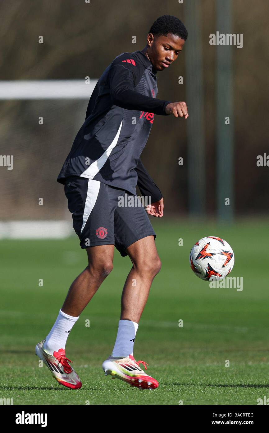Manchester, UK. 05th Mar, 2025. Chido Obi-Martin of Manchester United during the Manchester United FC Training session ahead of the UEFA Europa League match vs Real Sociedad at Carrington Training Centre, Manchester, England, United Kingdom on 5 March 2025 Credit: Jake Kirkman/Every Second Media Credit: Every Second Media/Alamy Live News Stock Photo
