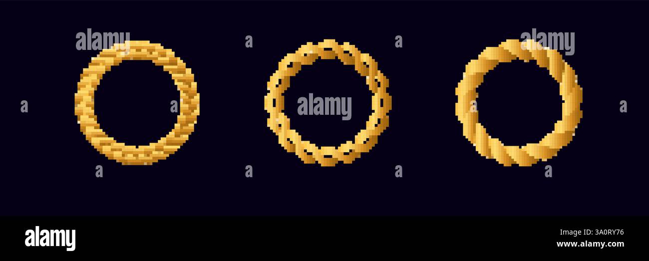 Three pixel art golden rings show different intricate designs and ...