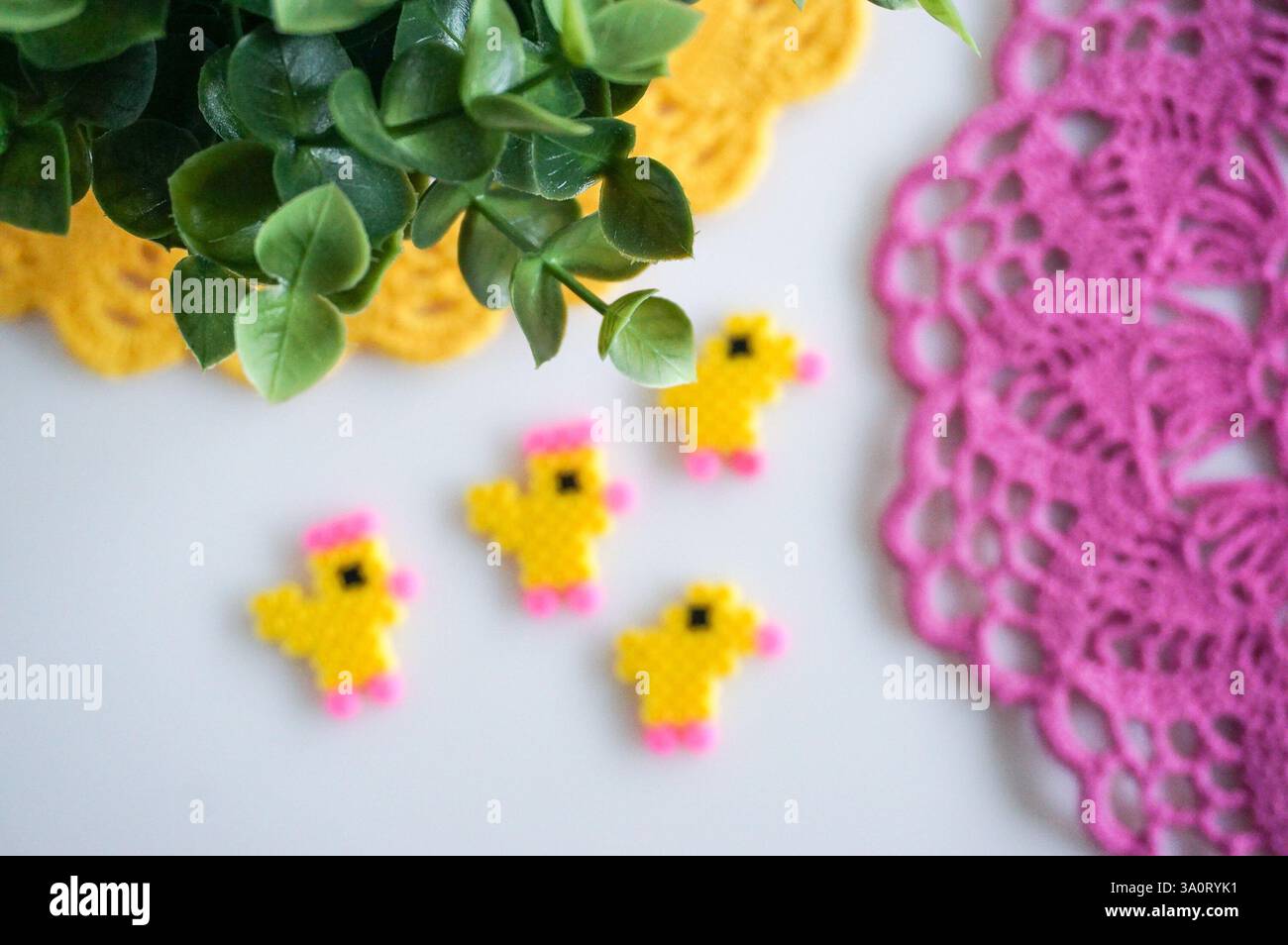 Easter decorations on the table close up. Easter background. Stock Photo