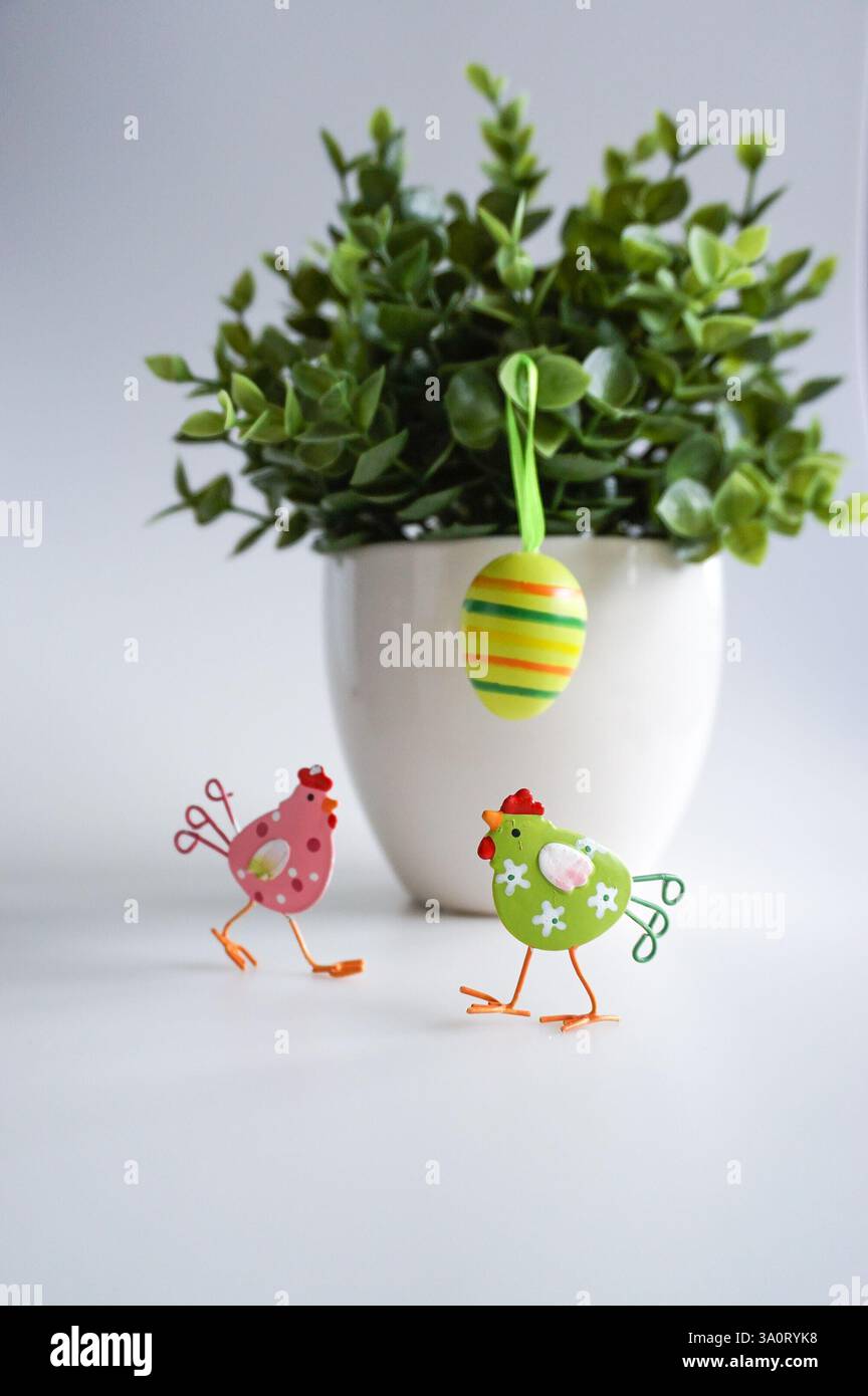 Easter decorations on the table close up. Easter background. Stock Photo
