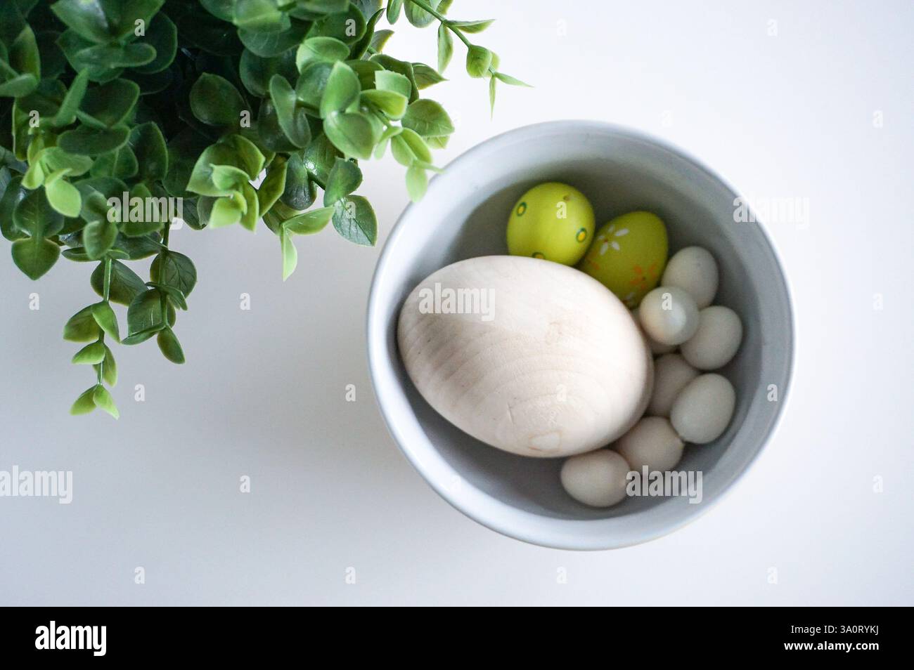 Easter decorations on the table close up. Easter background. Stock Photo