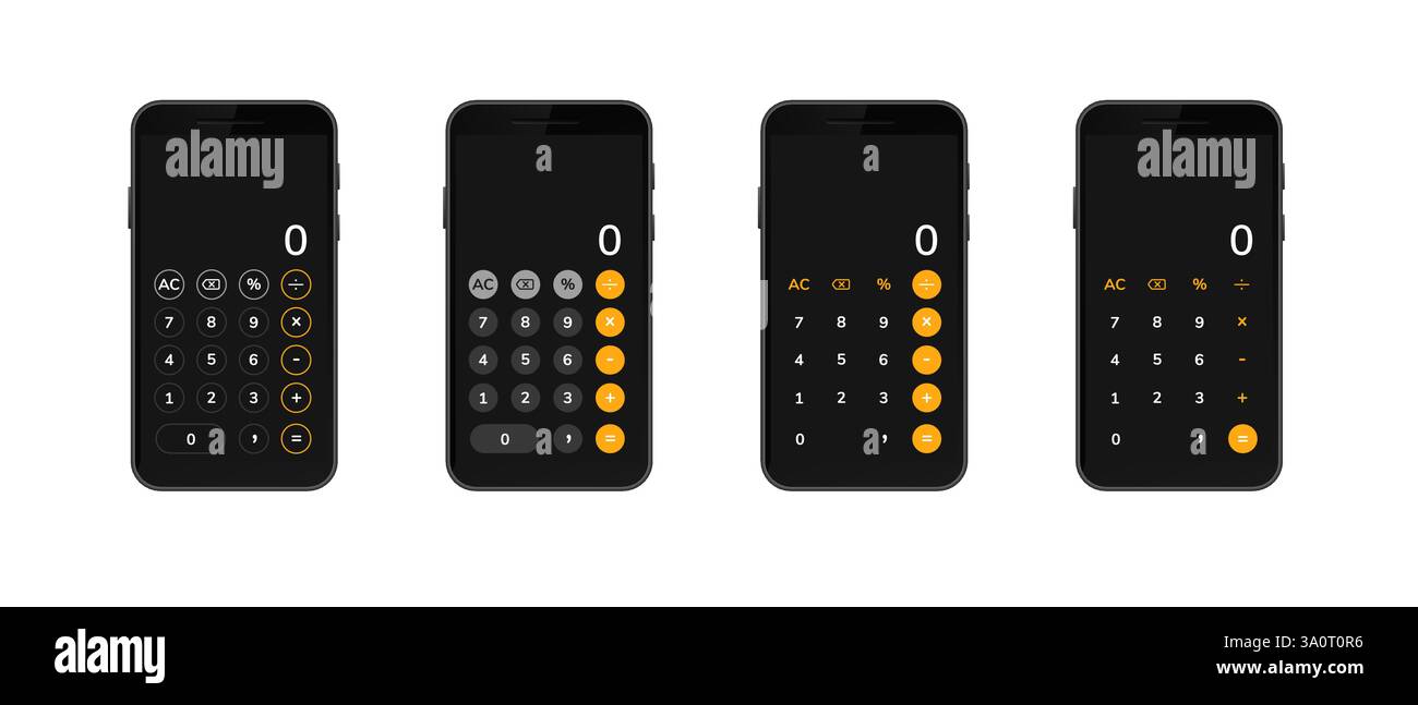 Four smartphones displaying different calculator layouts with numeric buttons Stock Vector
