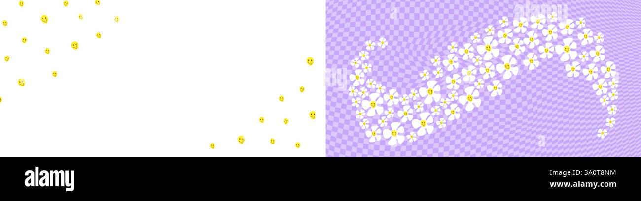 Groovy wavy checkered background with smiling daisy flowers in retro ...
