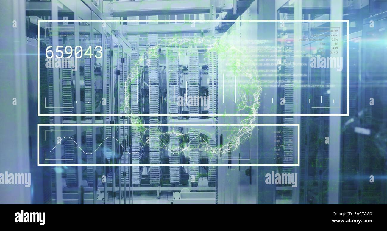 Digital data processing image over servers in data center Stock Photo