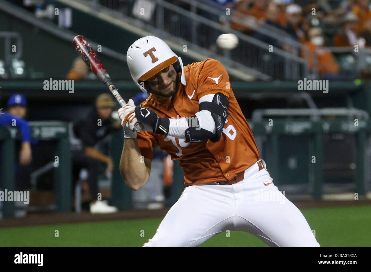 AUSTIN, TX - MARCH 04: Texas catcher Rylan Galvan (6) ducks out of the ...