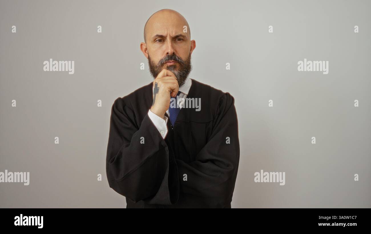 Handsome hispanic man in black judge robe standing over white ...