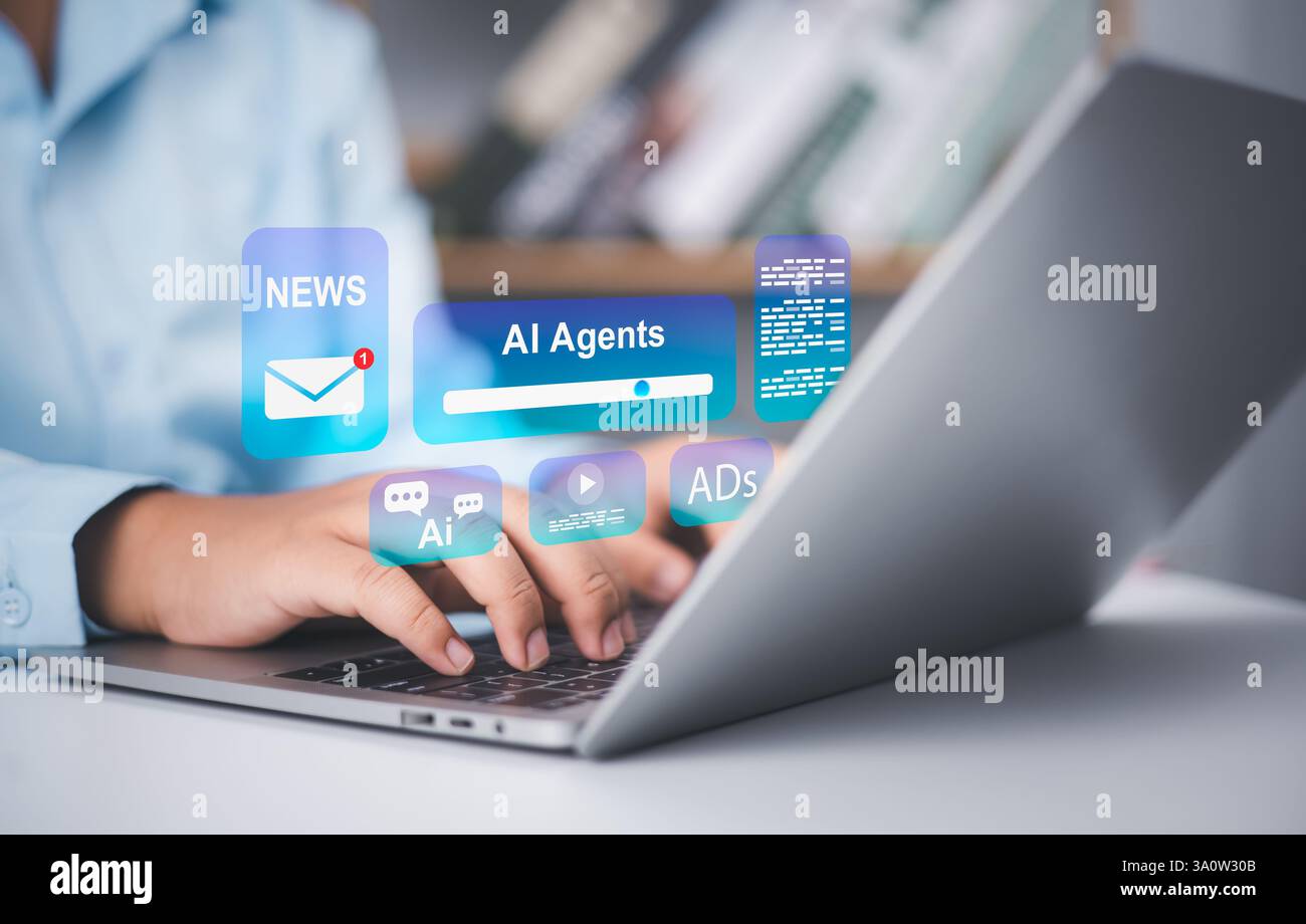 AI agents, AI assistants support human intelligence, Smart assistants for optimized workflows, Automate tasks, Drive innovation, Marketing and adverti Stock Photo