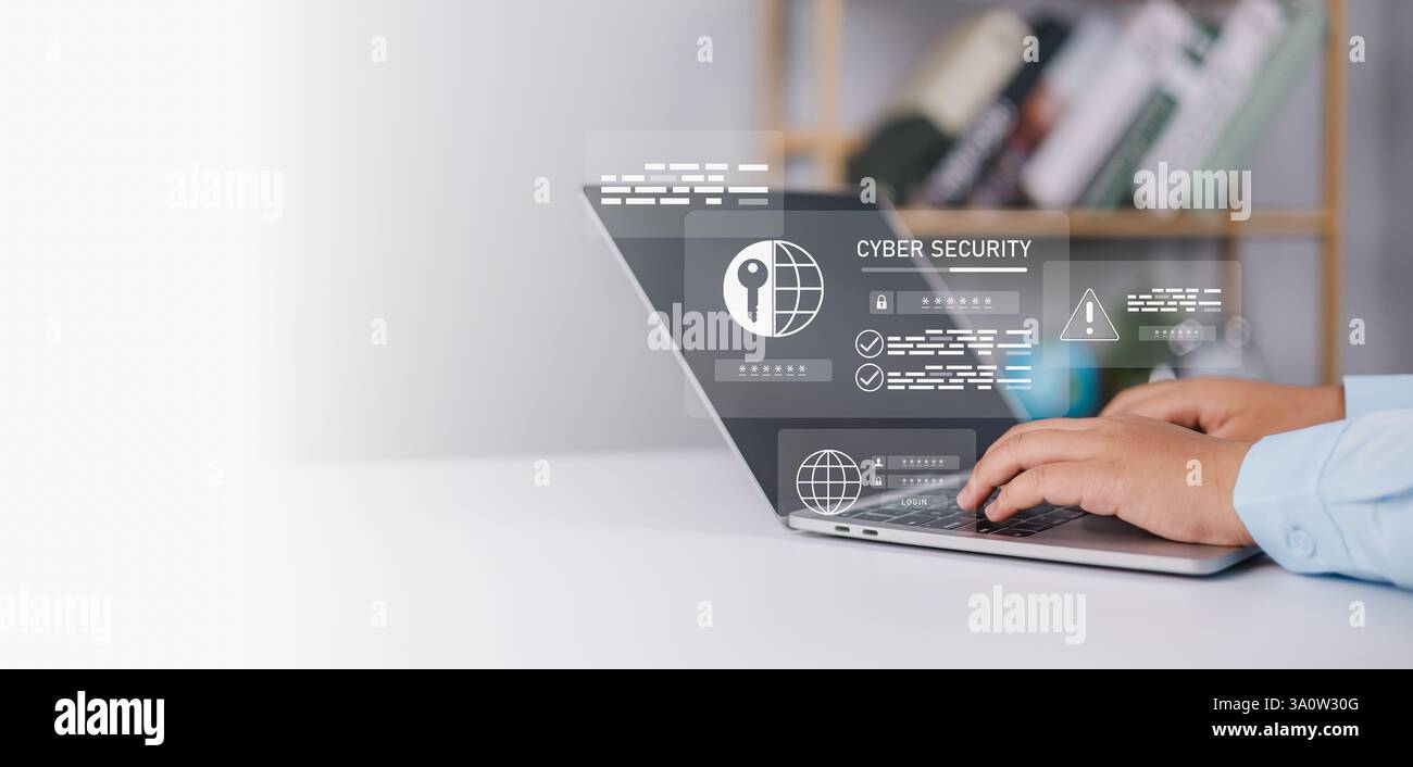 Cyber security network, Data protection concept, Businessman using laptop computer with digital padlock on internet technology networking with cloud c Stock Photo