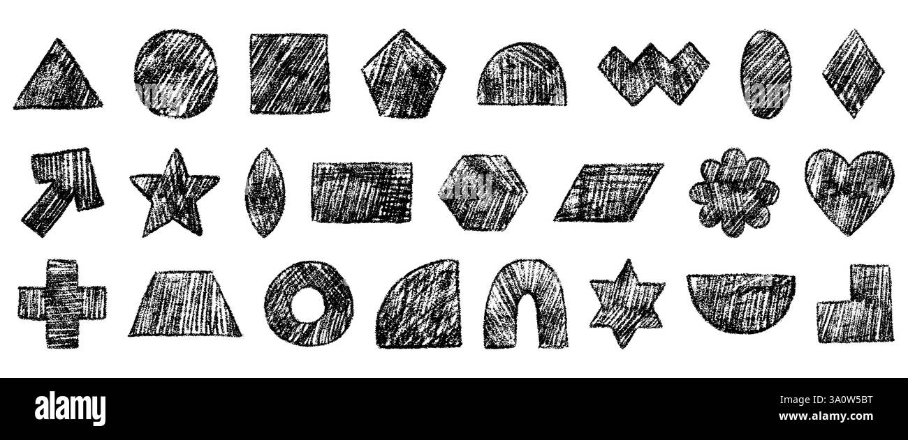 Set of children's geometric shapes drawn with black pencil and charcoal ...