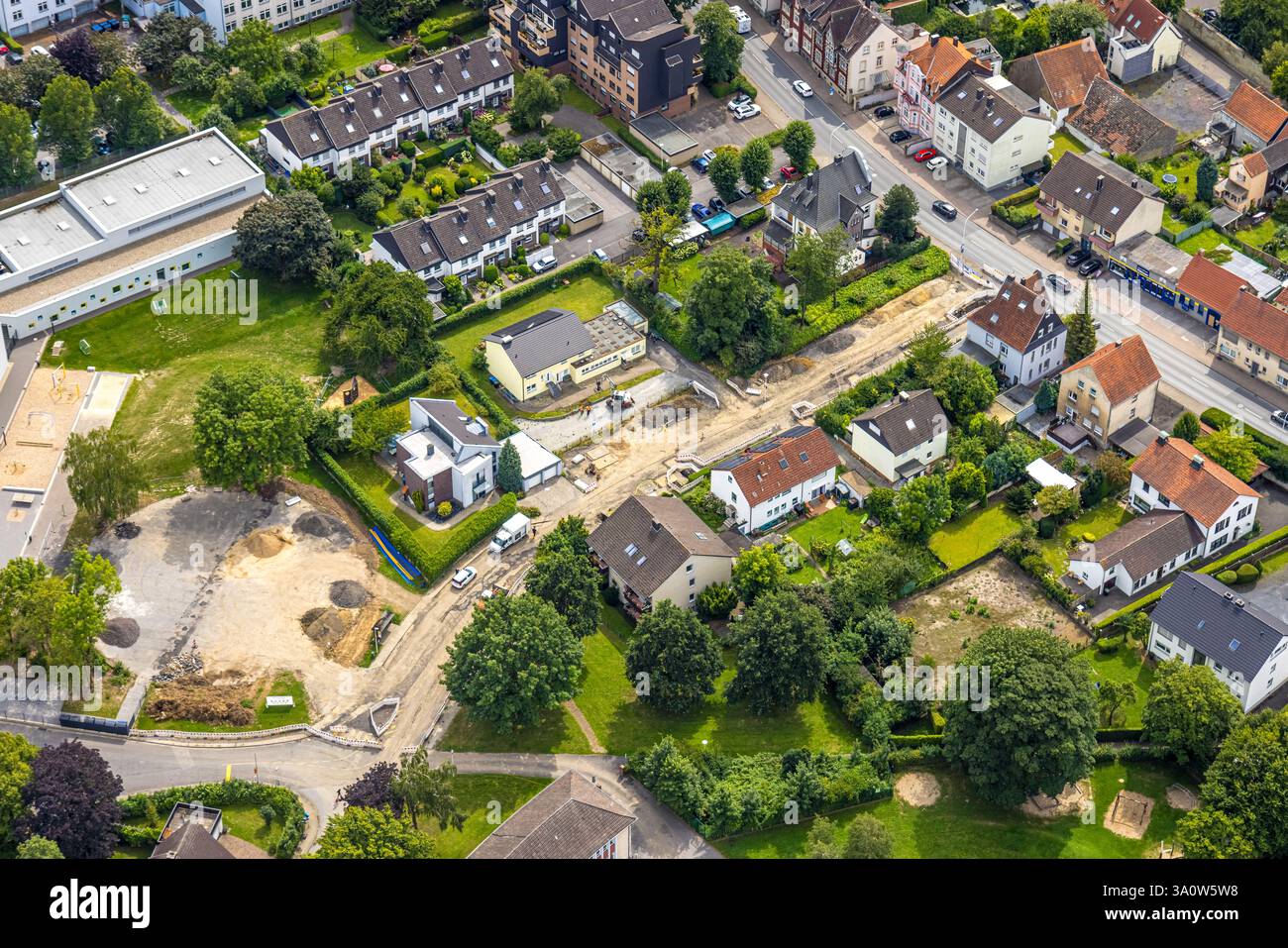 Aerial view, residential area and construction site with road works on Paul-Gerhardt-Straße, Werl, Soester Börde, North Rhine-Westphalia, Germany Stock Photo