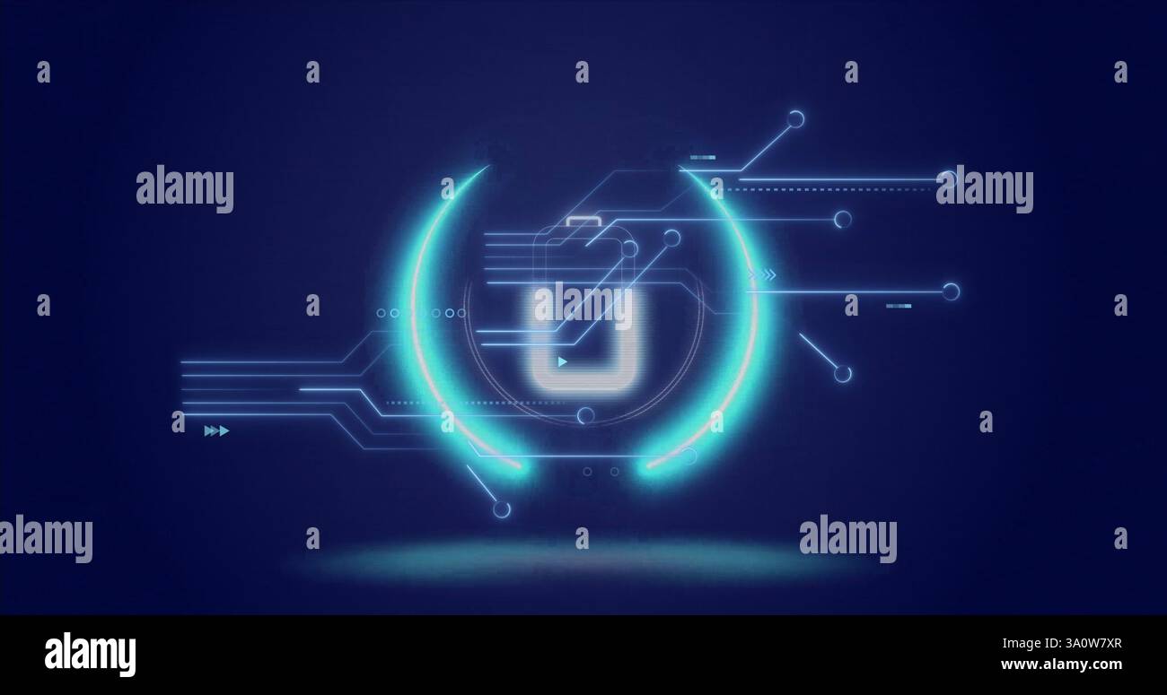 Image of data processing over connections and neon circle Stock Photo