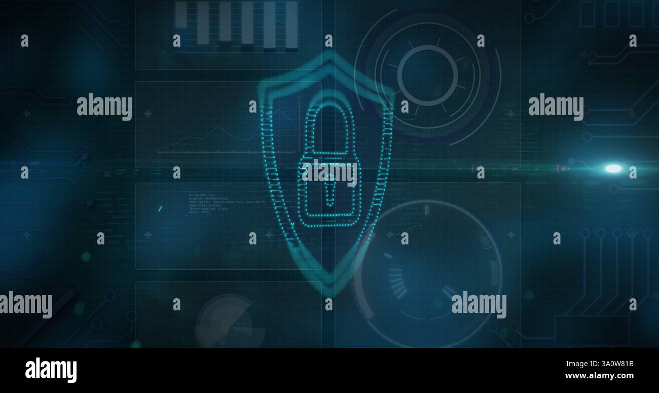 Image of padlock in shield over data processing Stock Photo