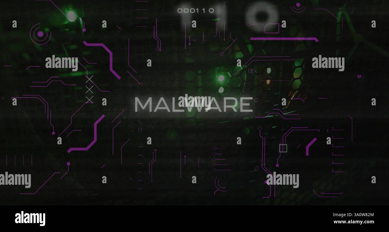 Malware text image over digital code and green lights background Stock Photo