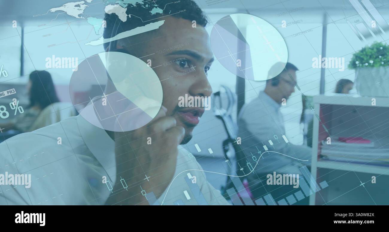 Image of data processing over diverse colleagues working in office Stock Photo
