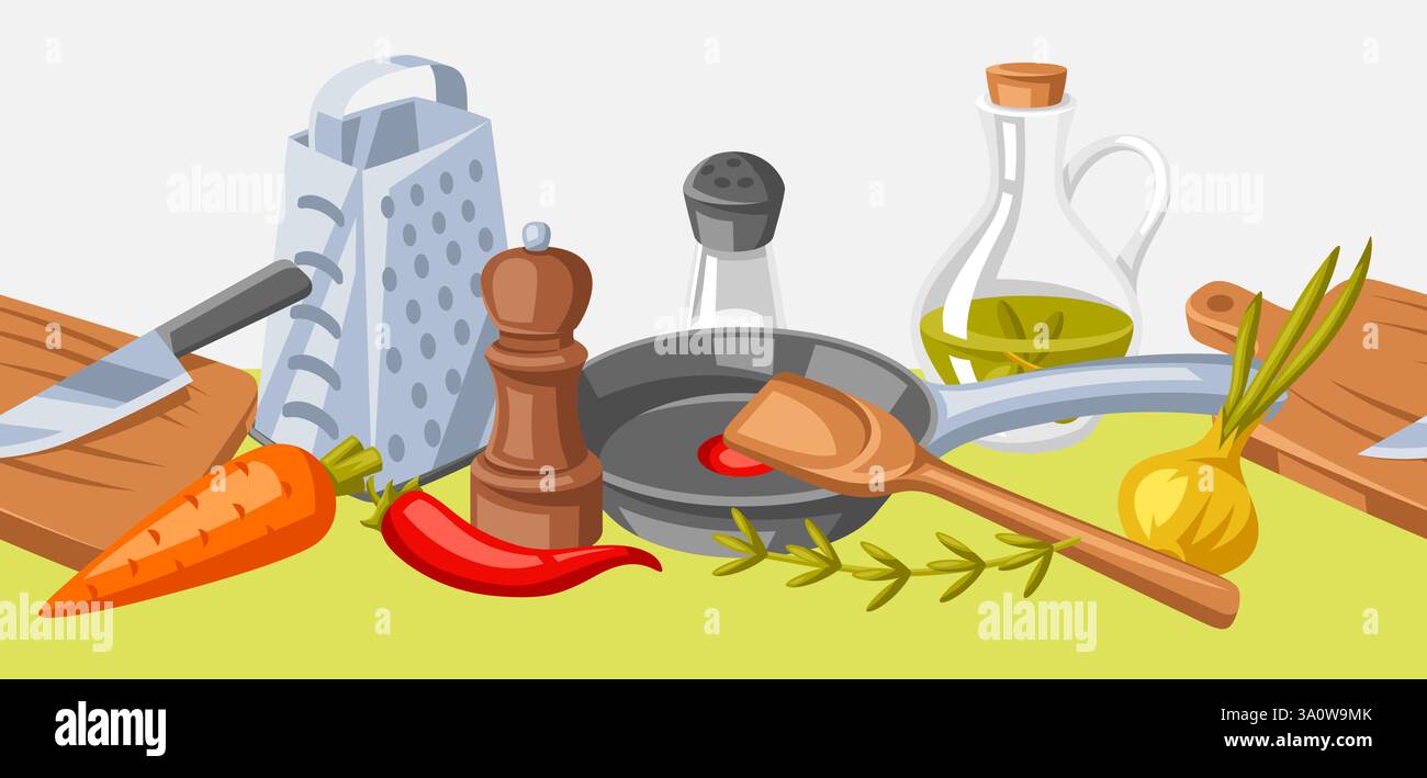 Pattern with kitchen utensils. Cooking tools for home and recipe items. Stock Vector