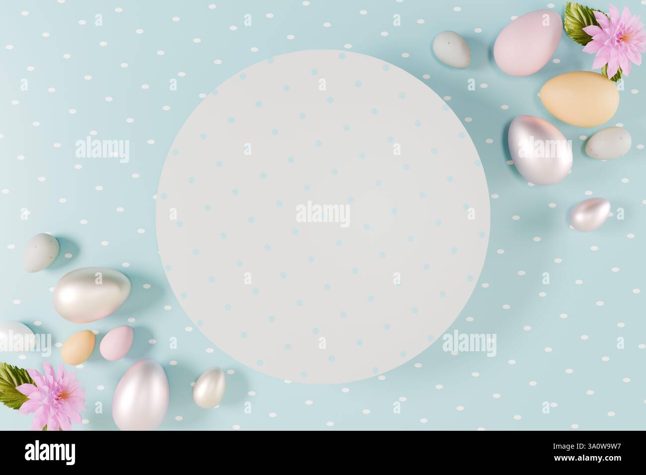 Easter eggs flowers and white circle for text arranged on a light blue background. 3d rendering Stock Photo
