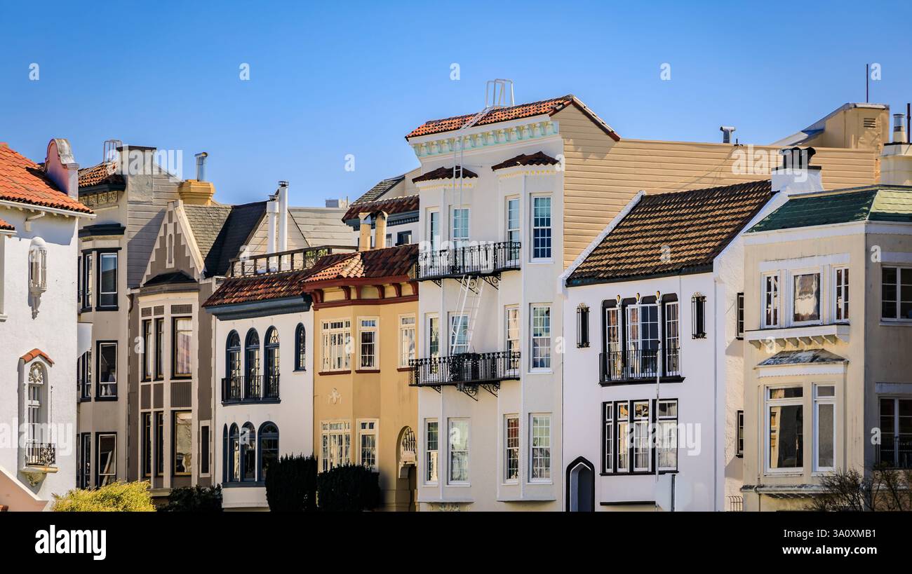 Image showcasing Colorful row houses with varied architecture in San Francisco affluent ...