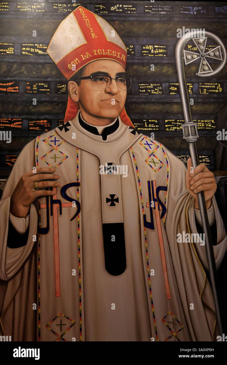 A closed up view of painting of Archbishop Óscar Romero, assassinated ...