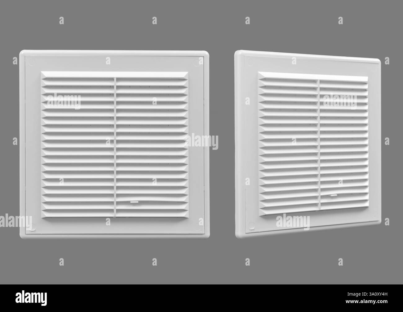 White ventilation grate on a gray background. Square shape, plastic material. Stock Photo