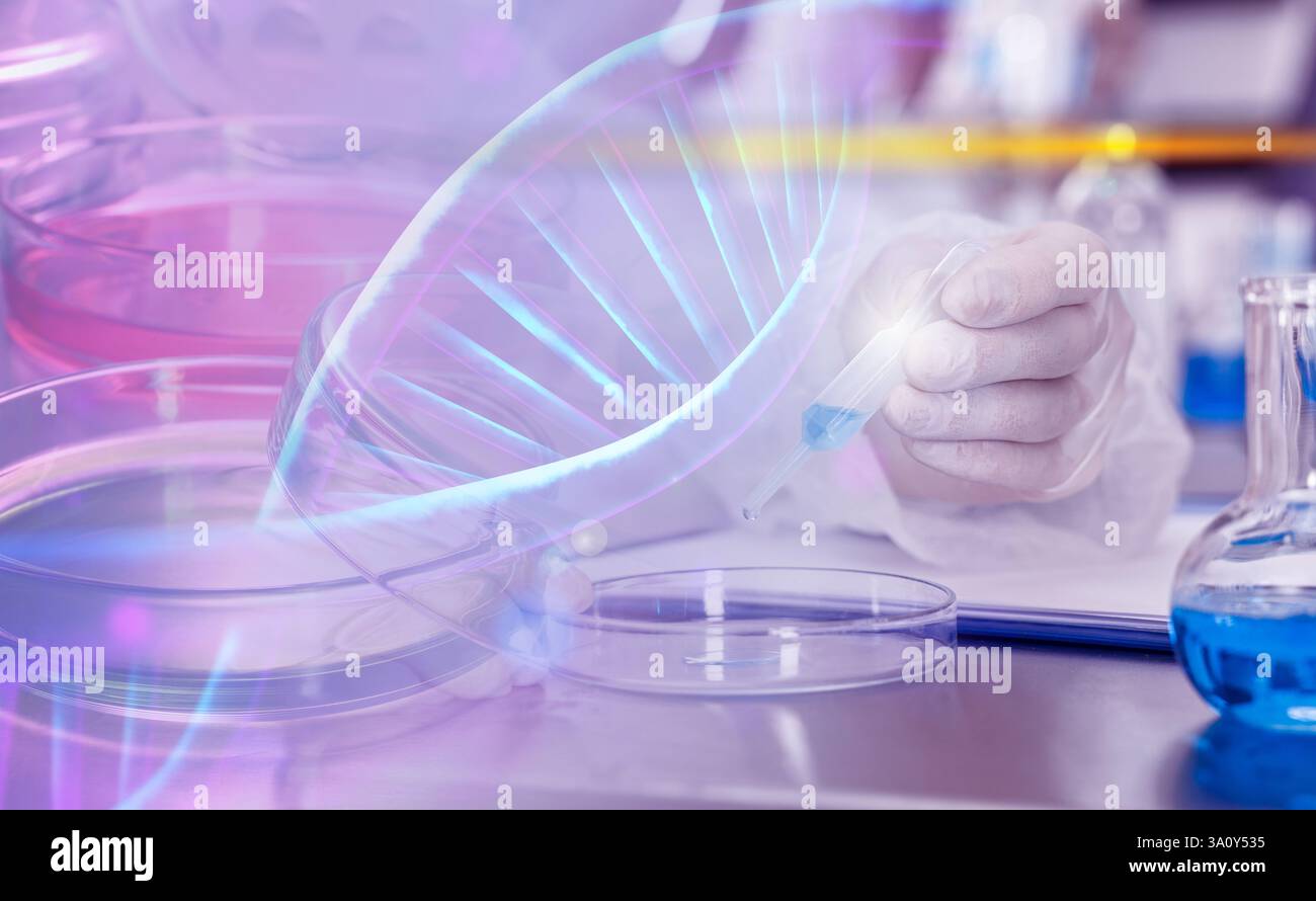 Biochemistry. Scientists working in laboratory, double exposure with ...