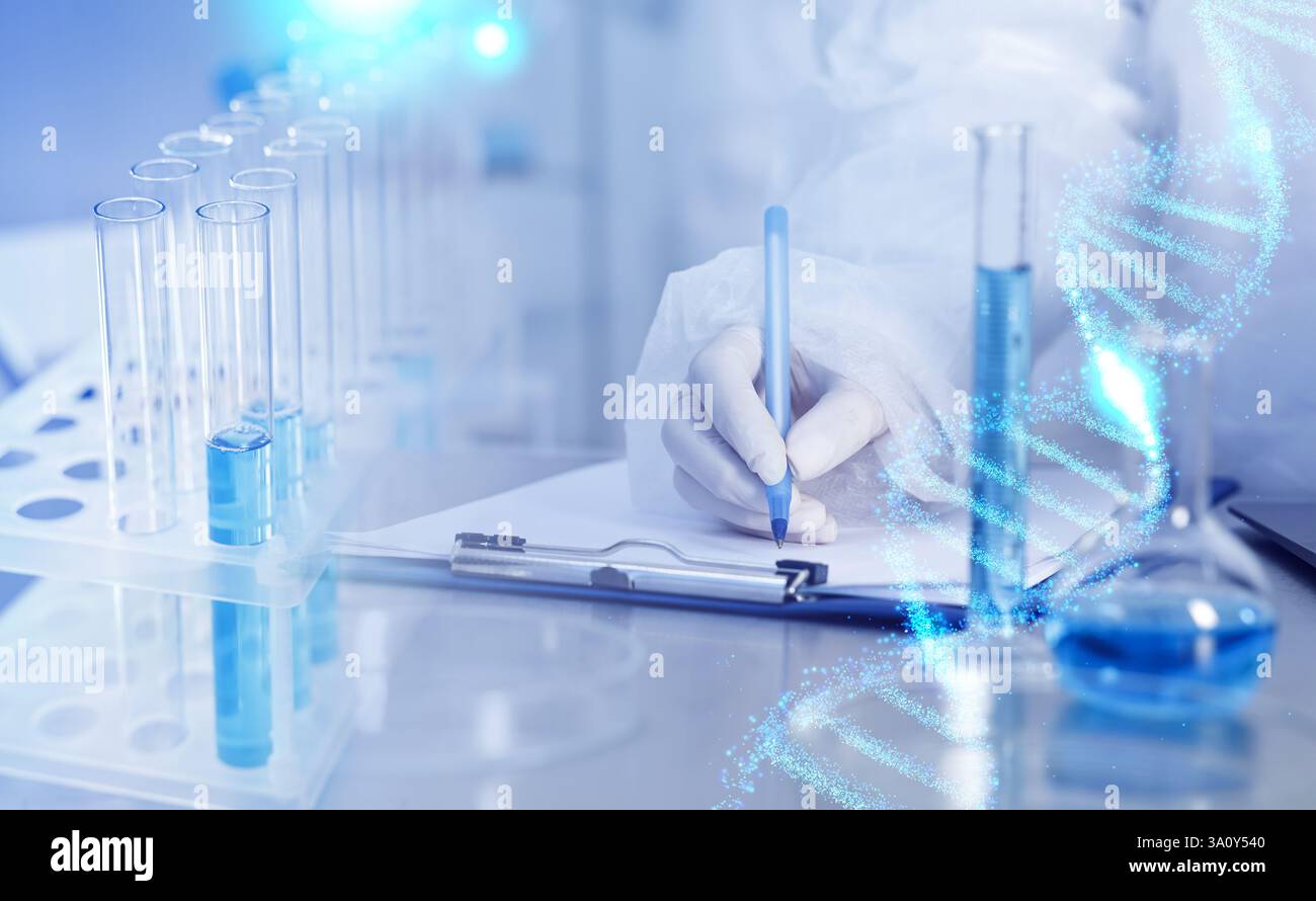 Biochemistry. Scientist working in laboratory, double exposure with ...