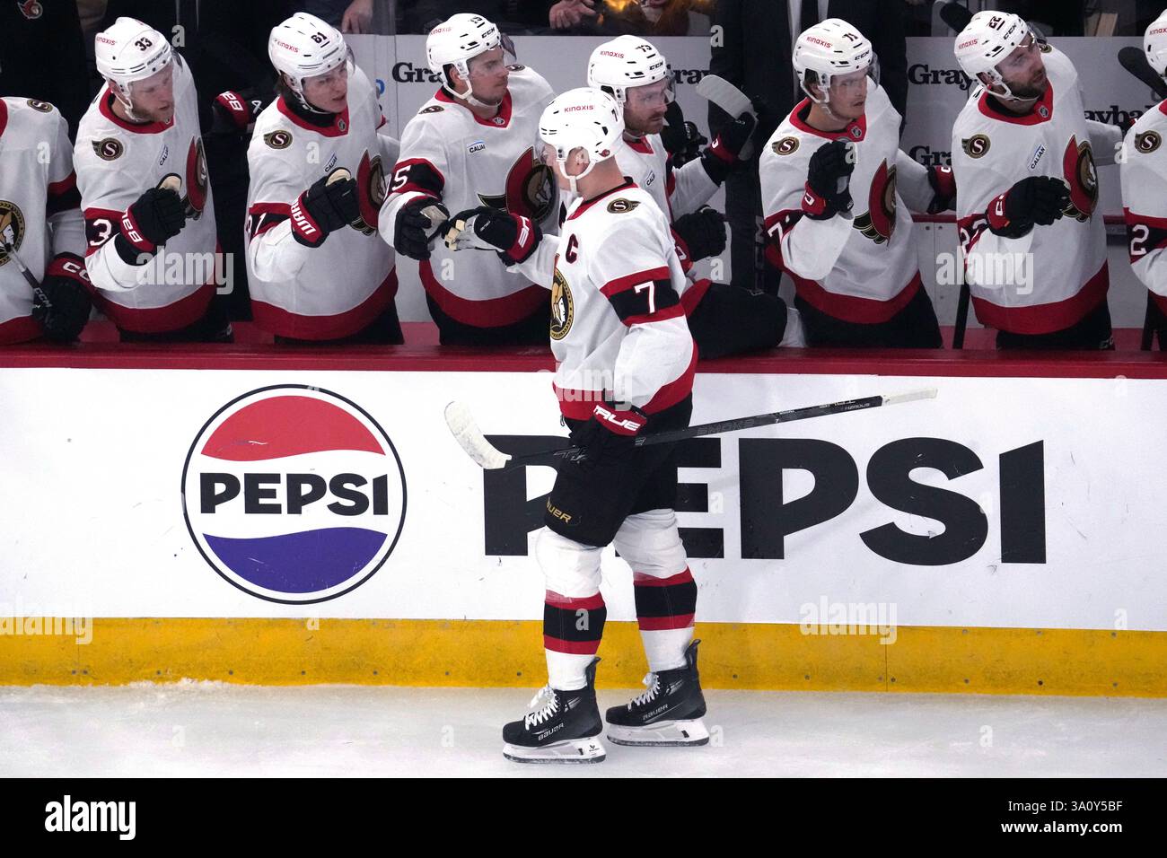 Ottawa Senators left wing Brady Tkachuk (7) celebrates with teammates ...