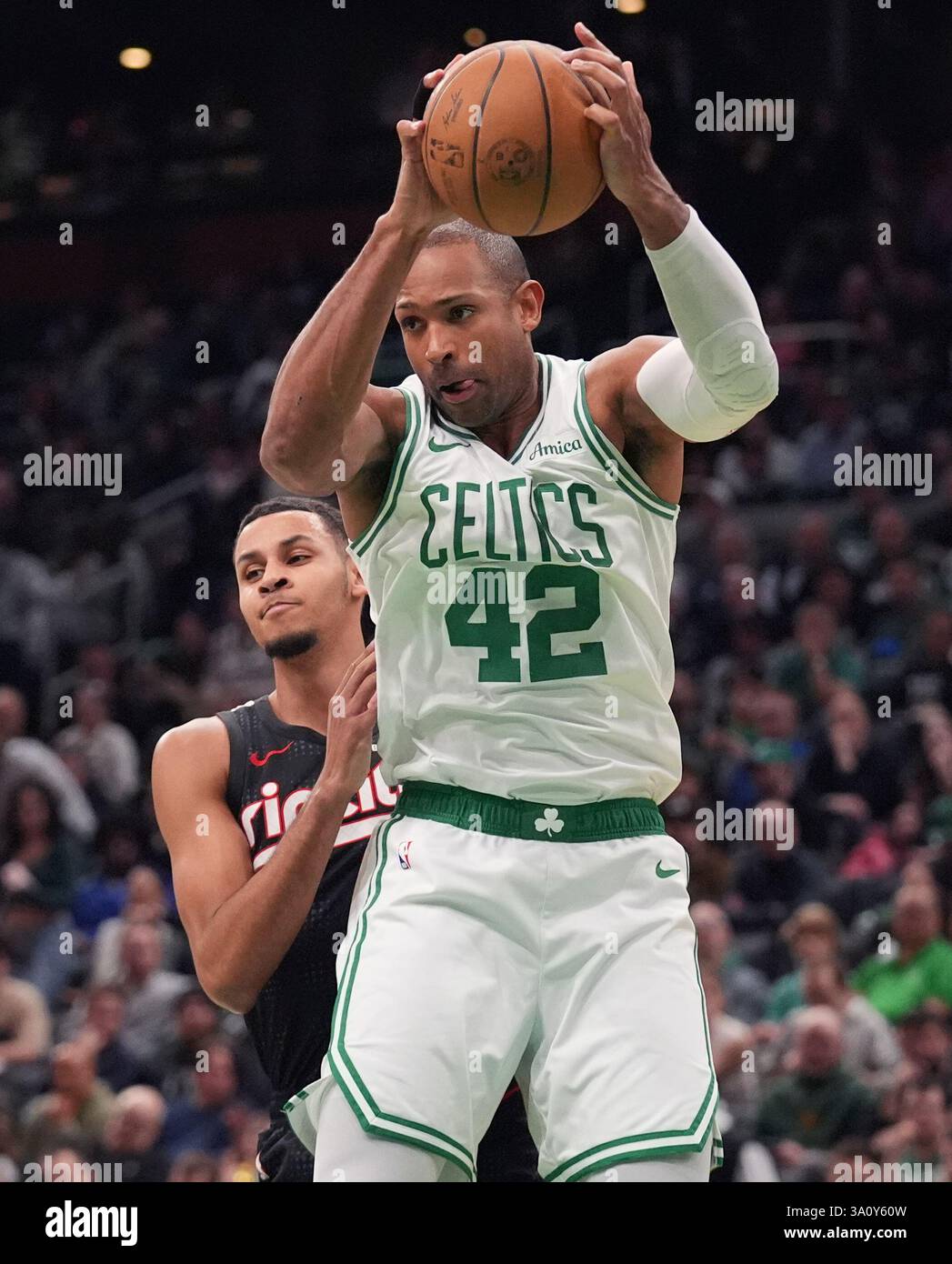 Boston Celtics center Al Horford (42) grabs a rebound against Portland