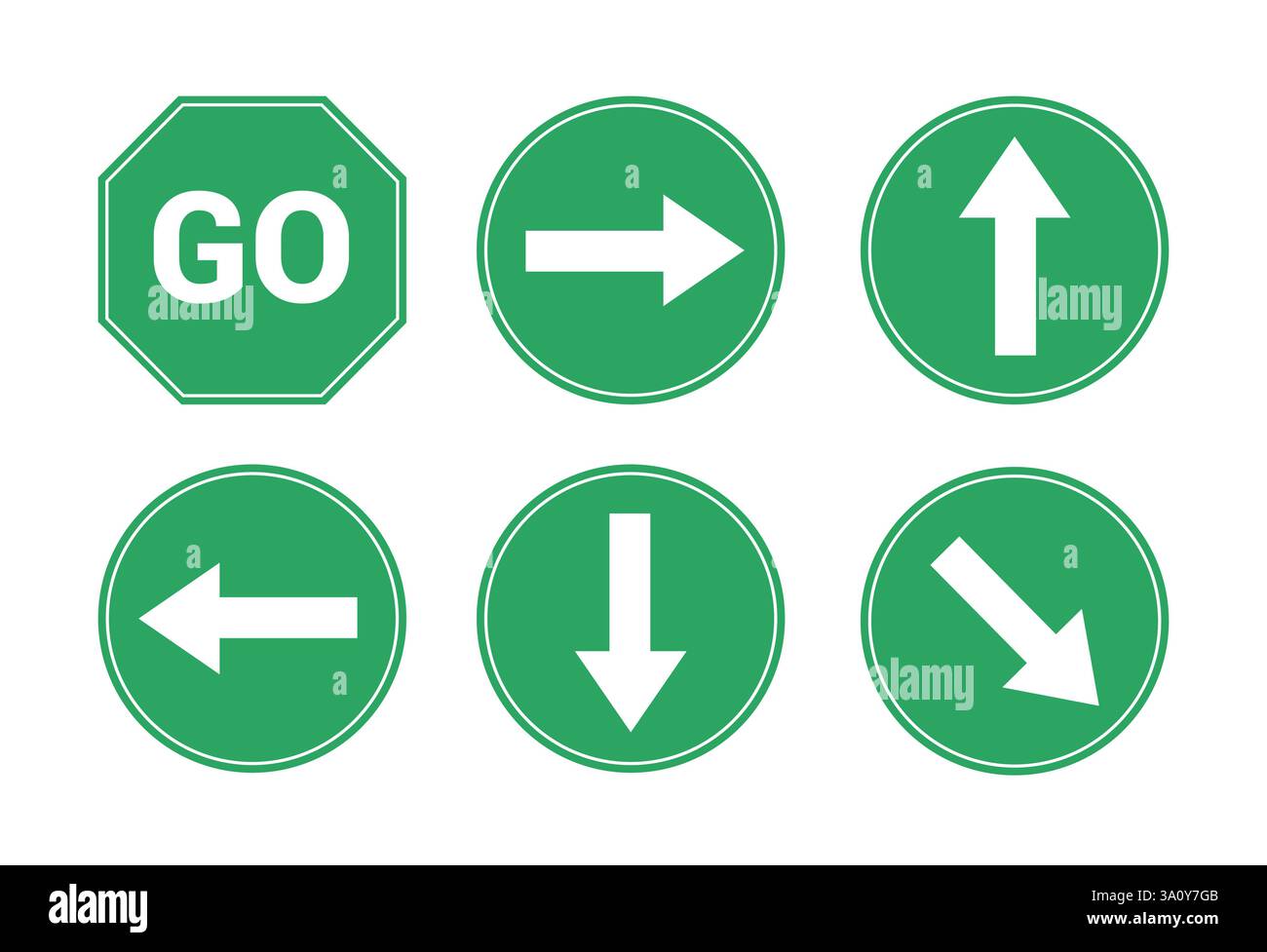 Road arrow sign icon clipart. Traffic signages symbol like go, this way, left, right and one way signal clip art in green board collection vector Stock Vector