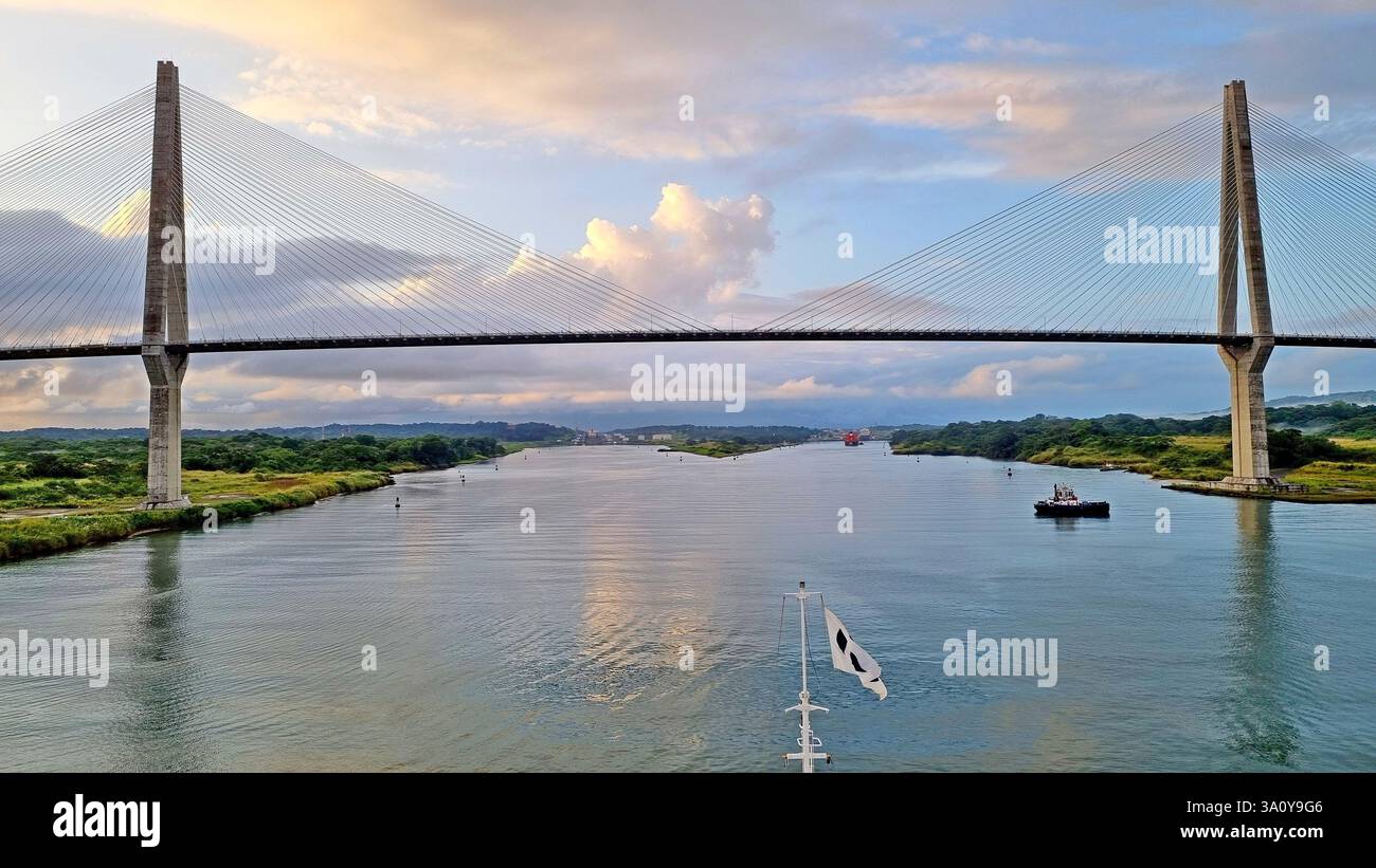 View of the cable-stayed Atlantic Bridge over the Panama Canal, the ...