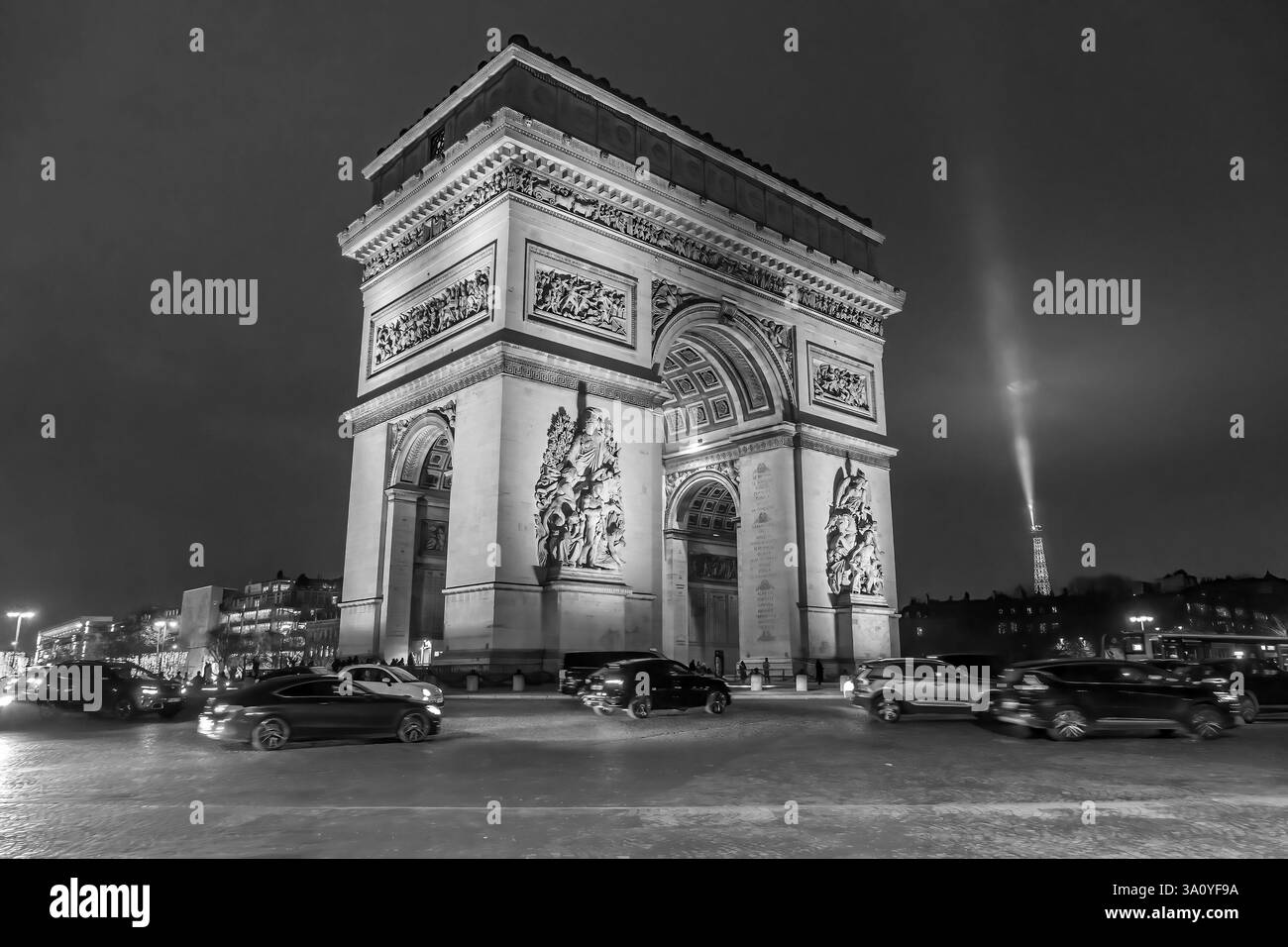 Arc de Triomphe in Paris, France at night in black and white Stock ...