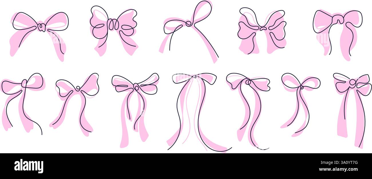 Bow line set. Hand drawn vector ribbons, silk bows for gifts, present ...