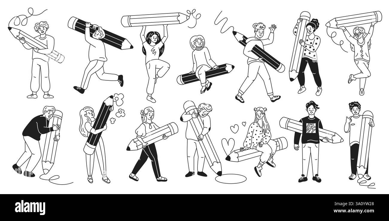 Young artists and designers with large pencils linear icons collection ...
