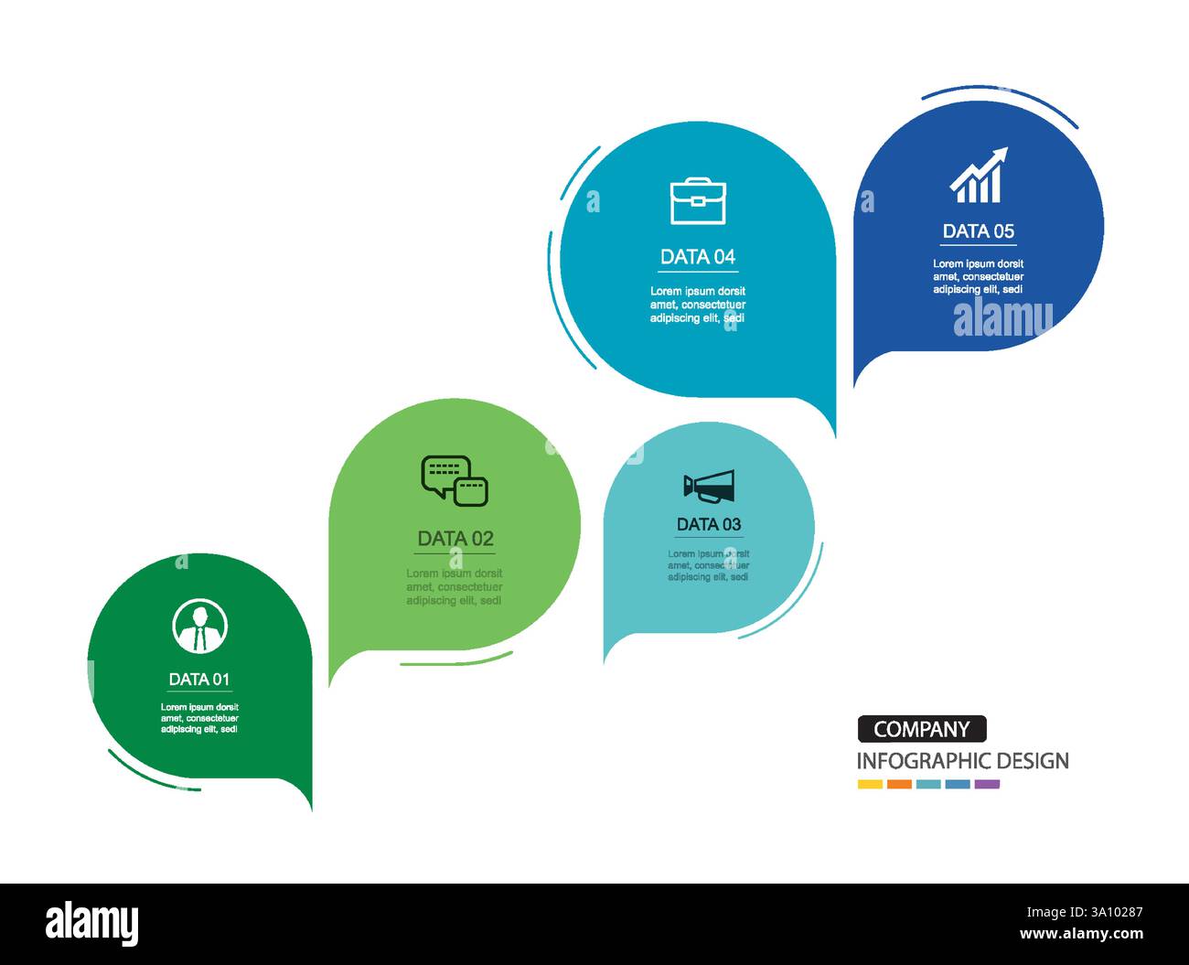 Infographics speech bubbles timeline with 5 number data template. Illustration abstract background. Stock Vector