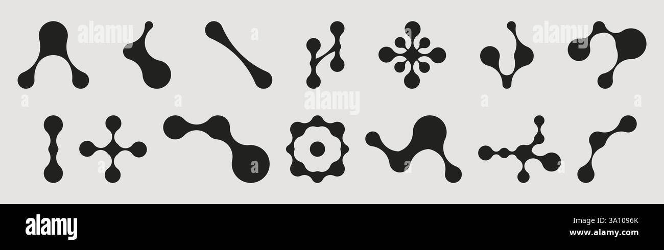 Metaball black shapes collection with organic connected elements. Minimalist molecular structures in grid pattern. Various node configurations from simple curved forms to complex symmetrical designs. Stock Vector