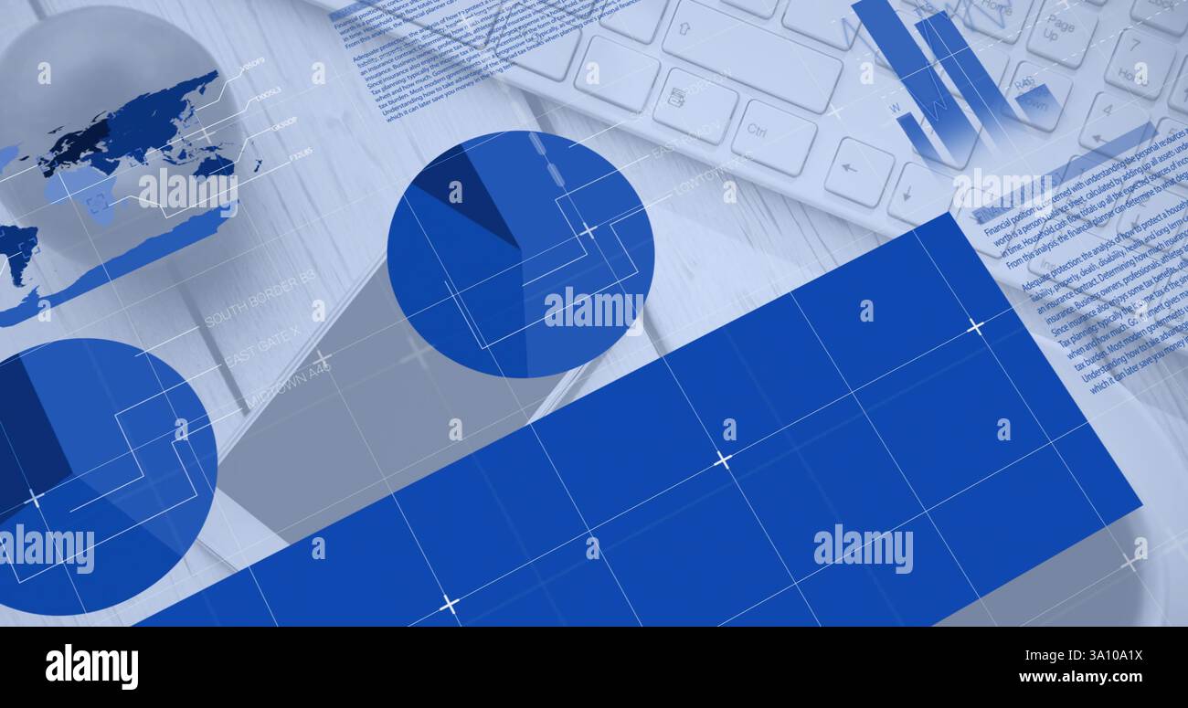 Image of data processing and diagrams over office table with equipment ...