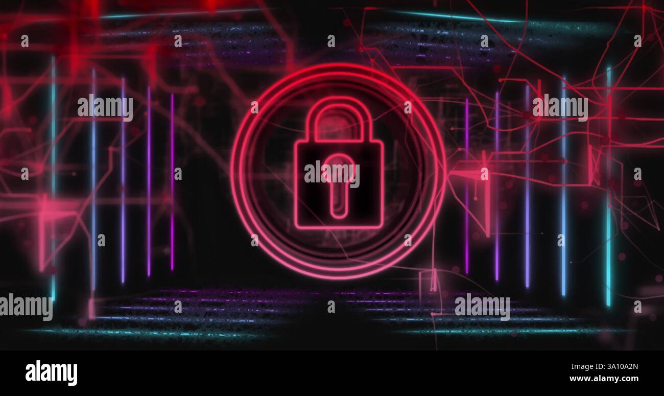 Glowing padlock icon and digital lines, data security image over dark background Stock Photo