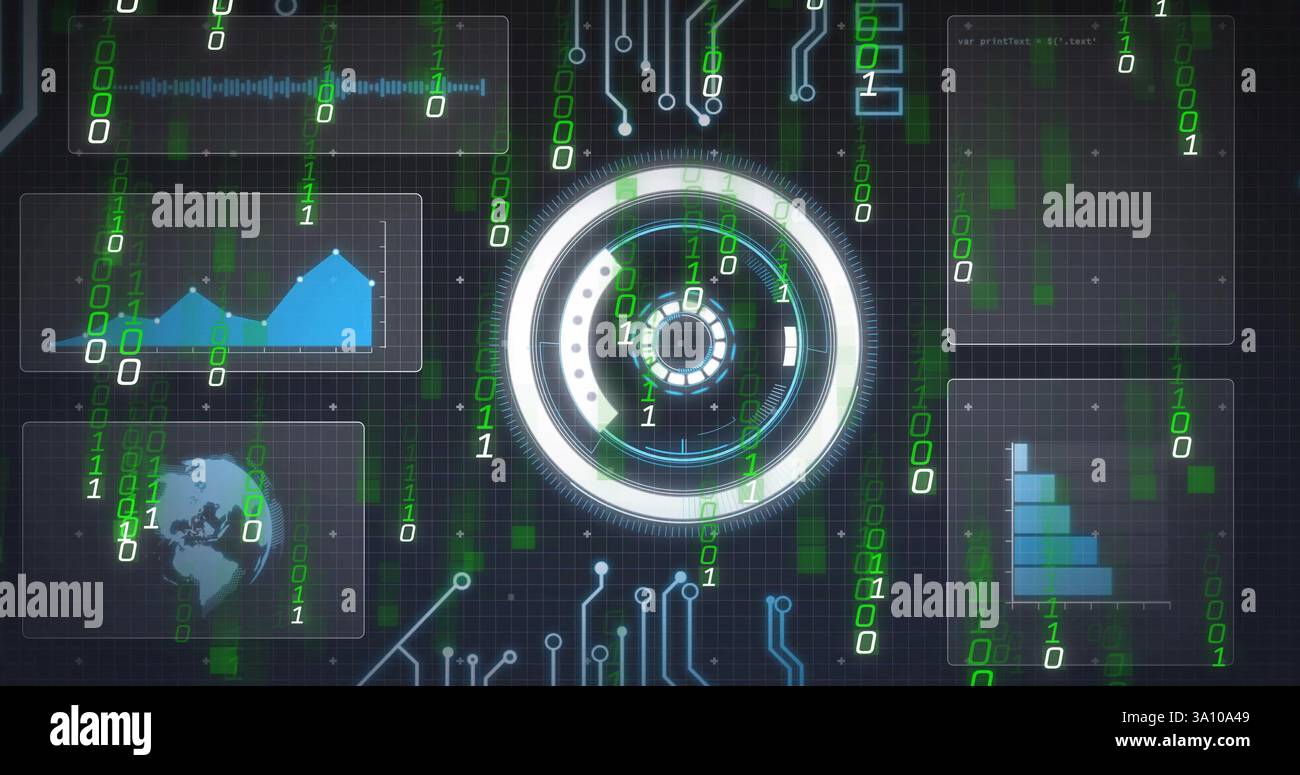 Digital circuit board and binary code image over futuristic interface Stock Photo