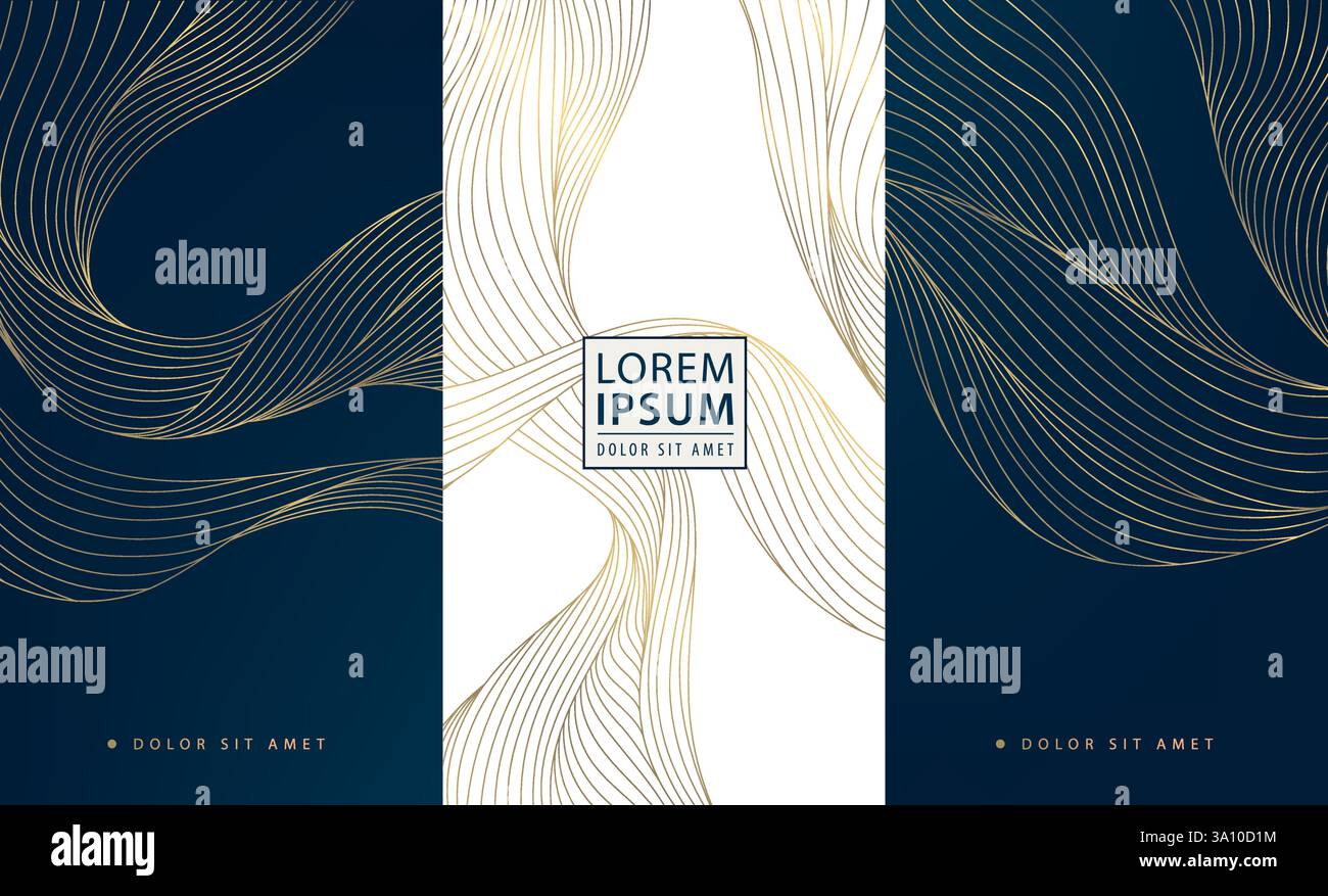 Wave Label Layout Vector set of gold line texture wave labels, japanese elegant package ...